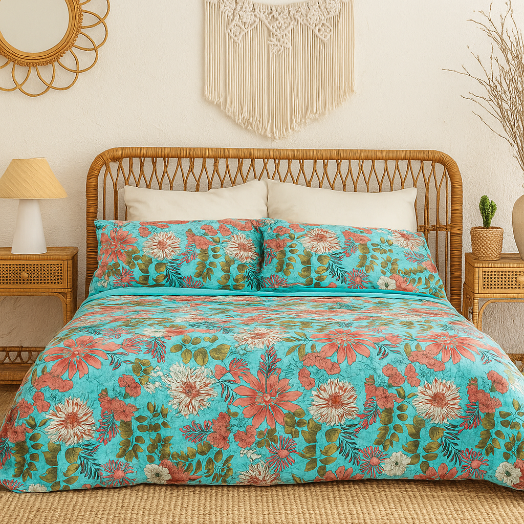 Turquoise Bloom Cotton Bedspread Set - King Size
