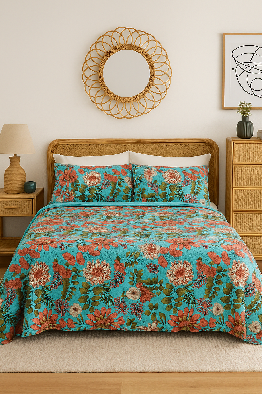 Turquoise Bloom Cotton Bedspread Set - King Size