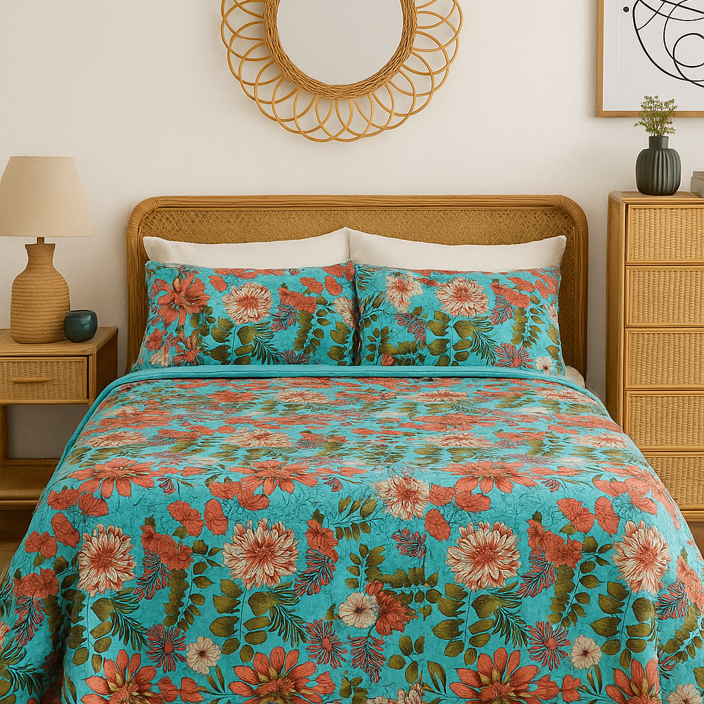 Turquoise Bloom Cotton Bedspread Set - King Size