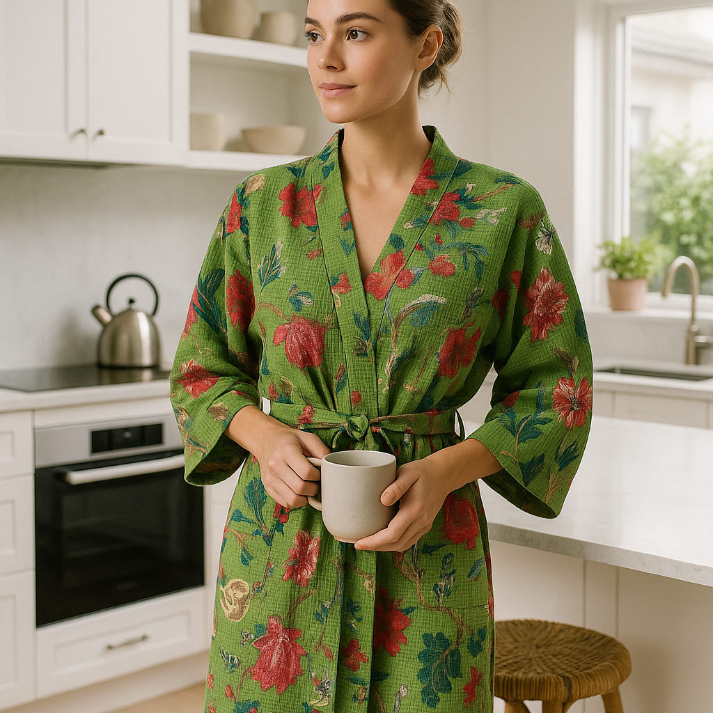 Green Floral Cotton Kimono Robe – Relaxed Waffle for Beach