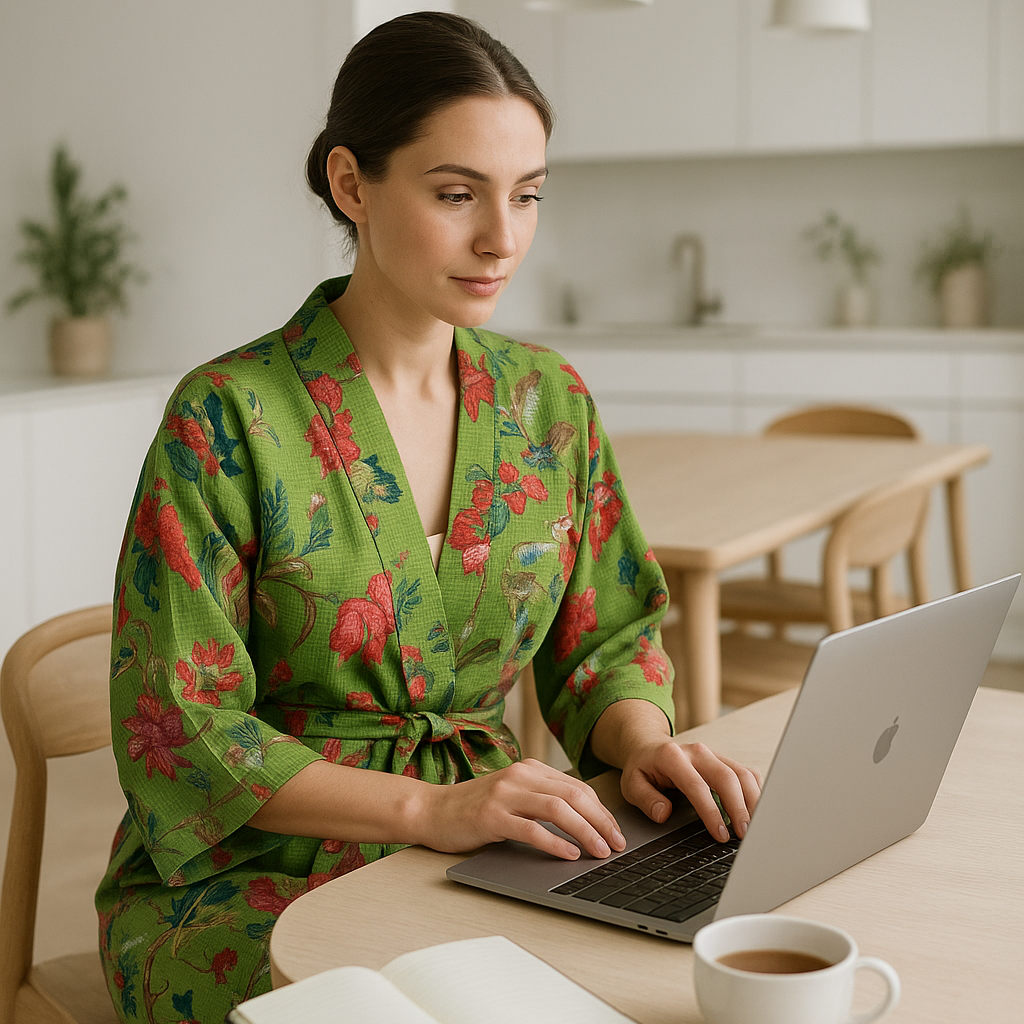 Green Floral Cotton Kimono Robe – Relaxed Waffle for Beach