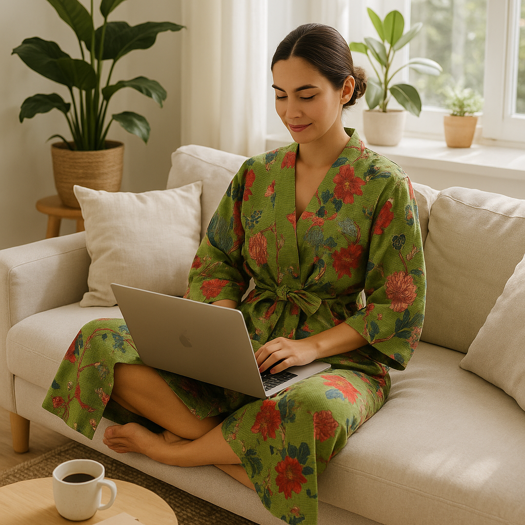 Green Floral Cotton Kimono Robe – Relaxed Waffle for Beach
