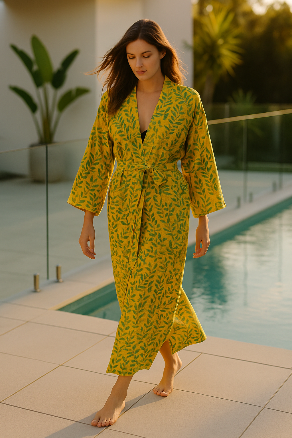 Waffle Cotton Kimono Robe - Botanical Yellow Leaf Design