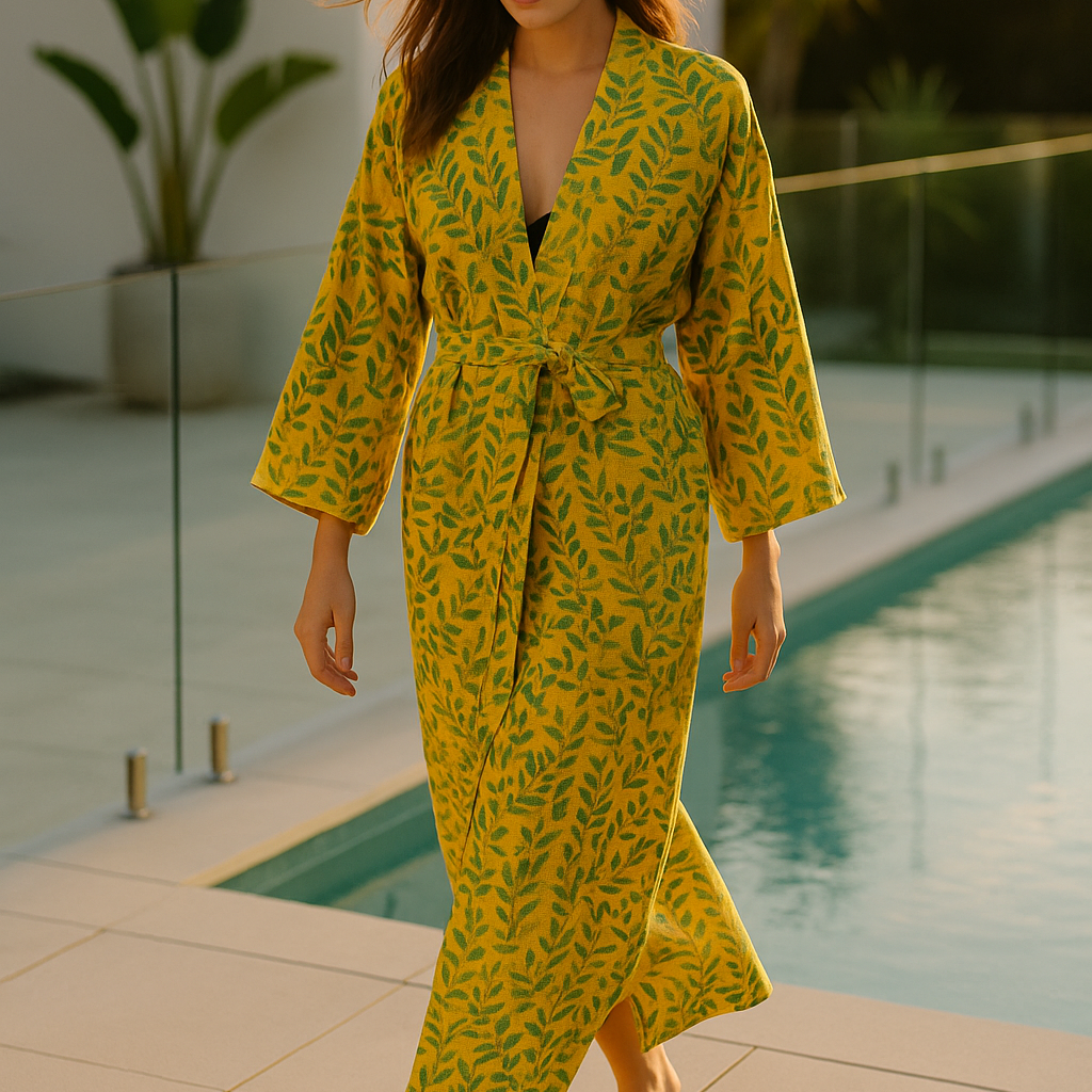 Waffle Cotton Kimono Robe - Botanical Yellow Leaf Design