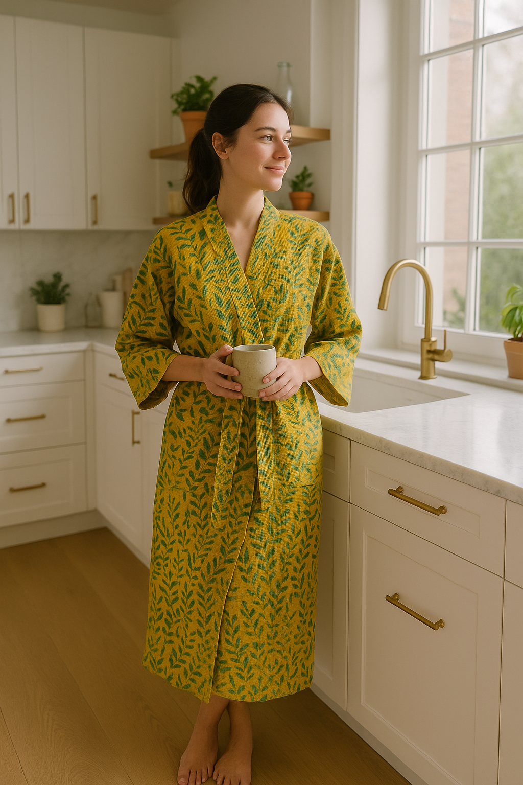 Waffle Cotton Kimono Robe - Botanical Yellow Leaf Design