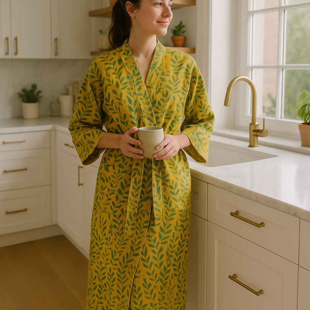 Waffle Cotton Kimono Robe - Botanical Yellow Leaf Design