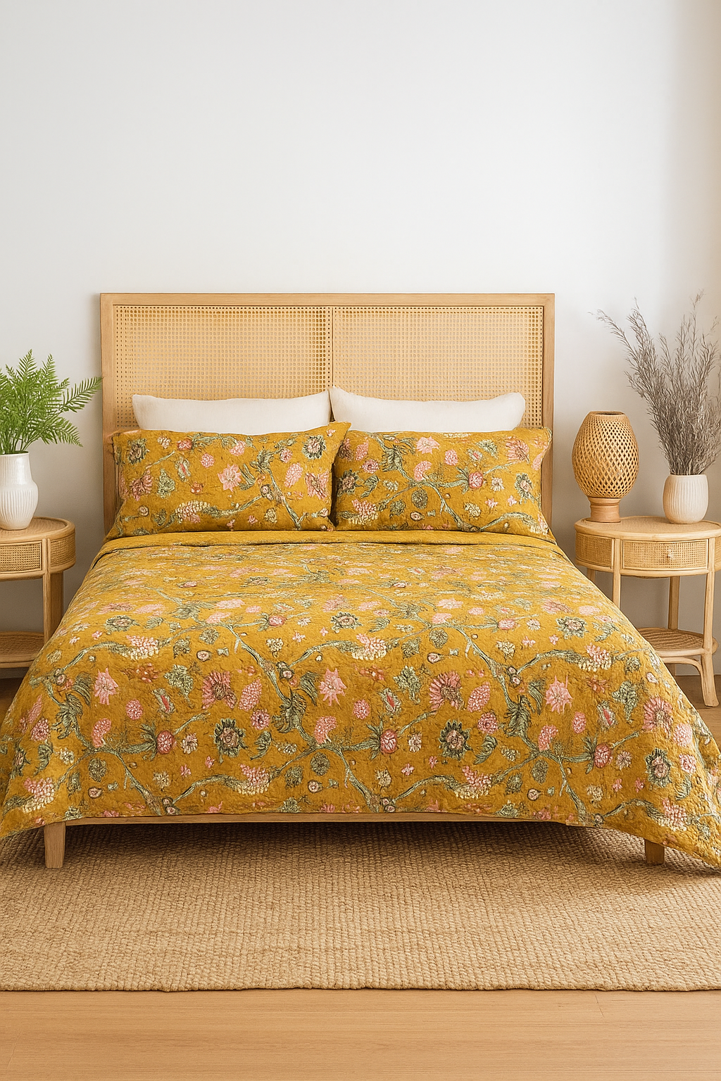 Vintage Mustard Floral Cotton Quilt Set - 210x250cm