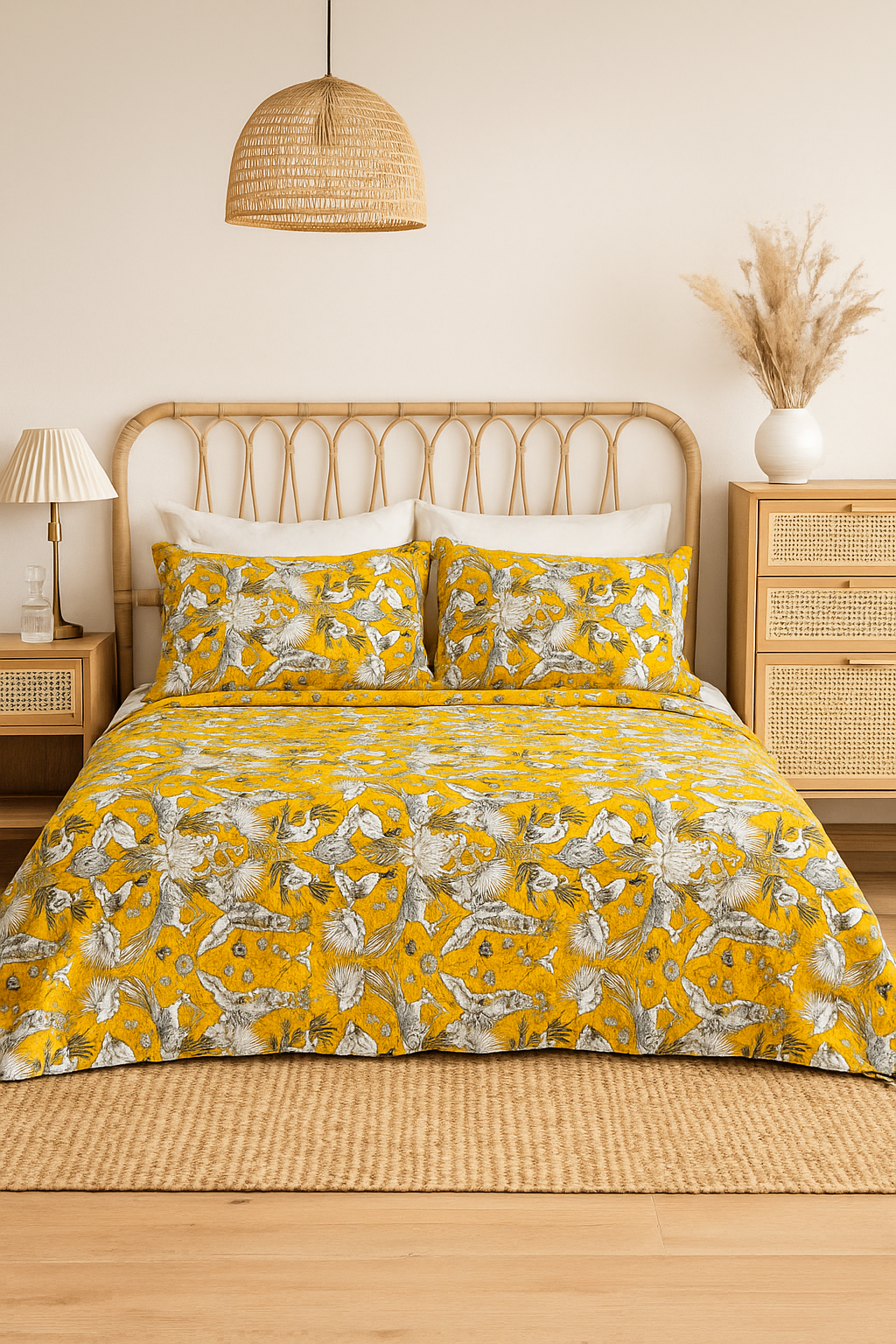 Golden Bloom Bird Print Quilt Set - 210x250cm