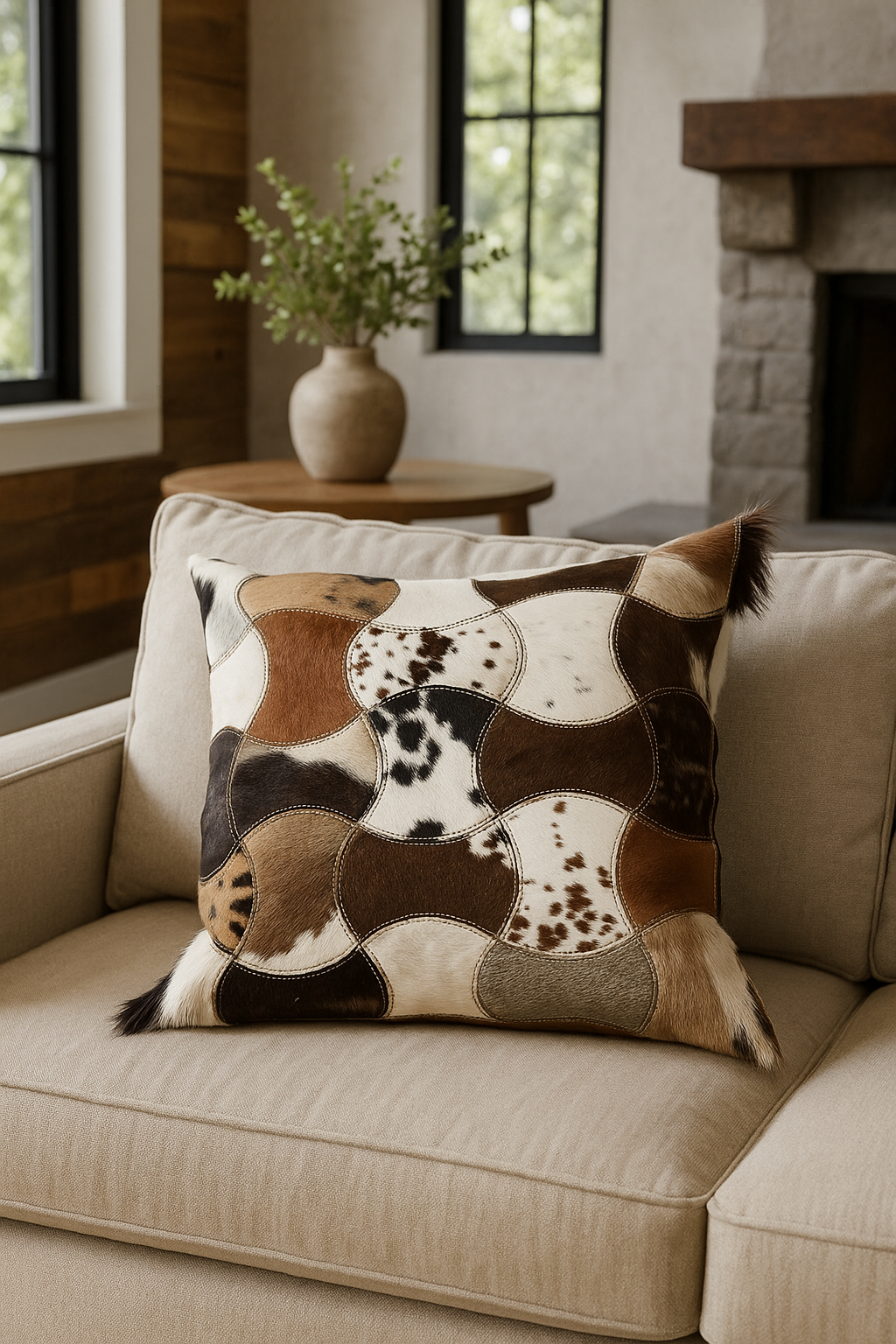Handcrafted Leather Exotic Cowhide Cushion Cover – Boho Patchwork Design