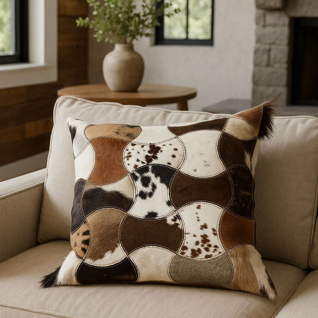 Handcrafted Leather Exotic Cowhide Cushion Cover – Boho Patchwork Design