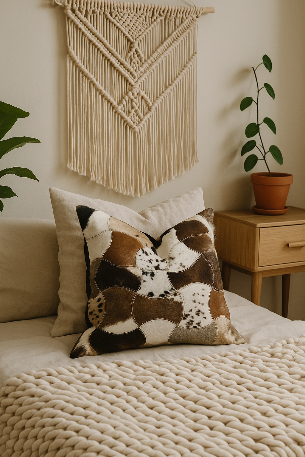 Handcrafted Leather Exotic Cowhide Cushion Cover – Boho Patchwork Design