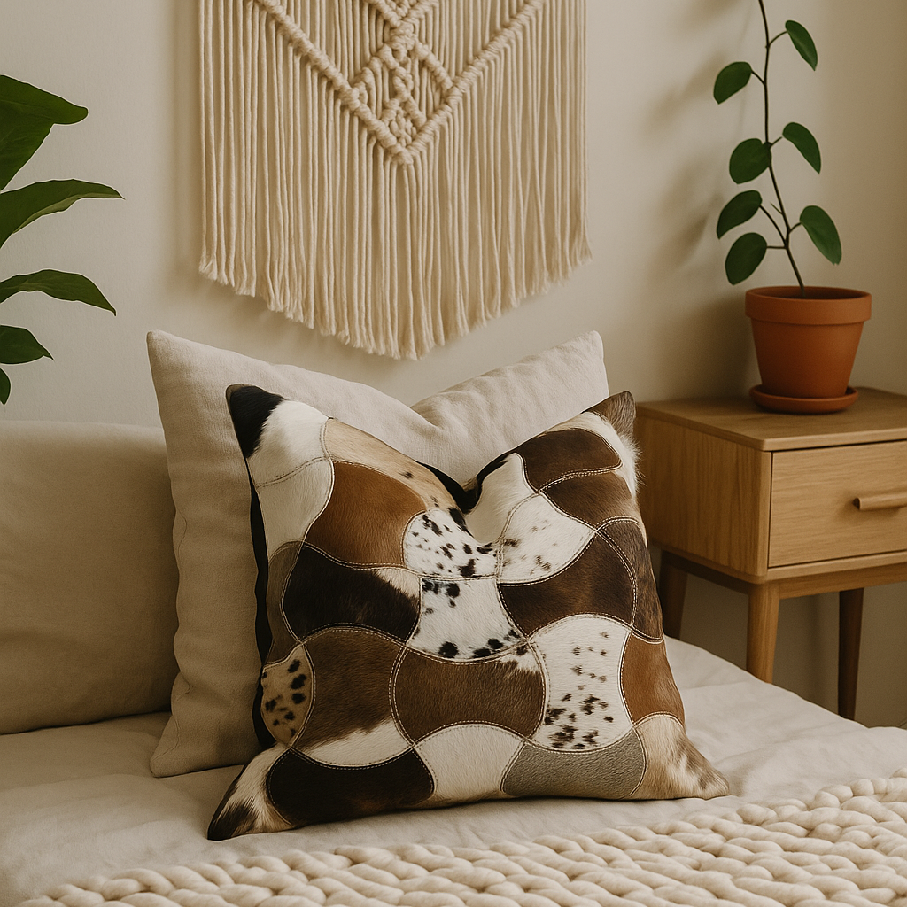 Handcrafted Leather Exotic Cowhide Cushion Cover – Boho Patchwork Design