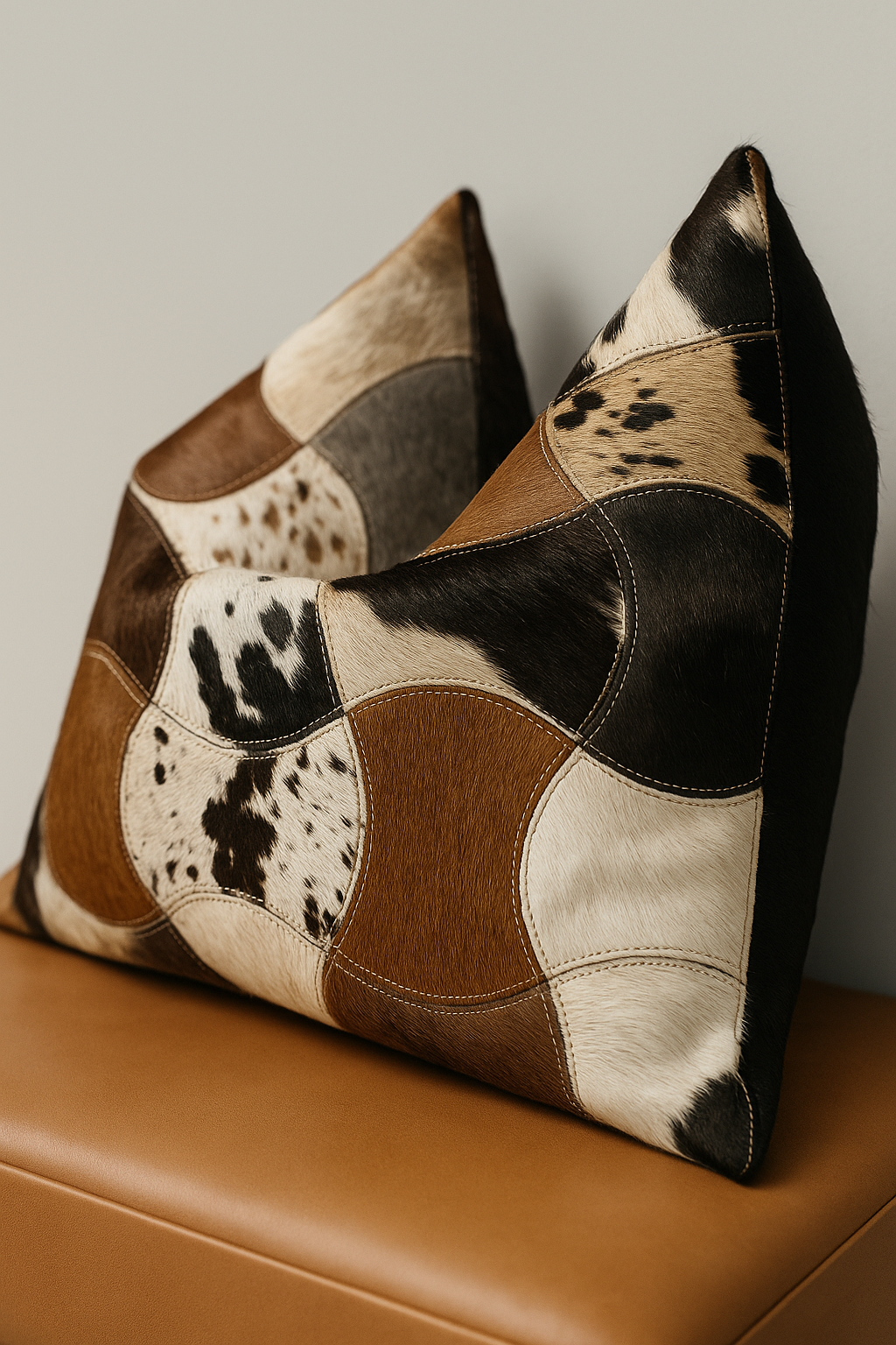 Handcrafted Leather Exotic Cowhide Cushion Cover – Boho Patchwork Design