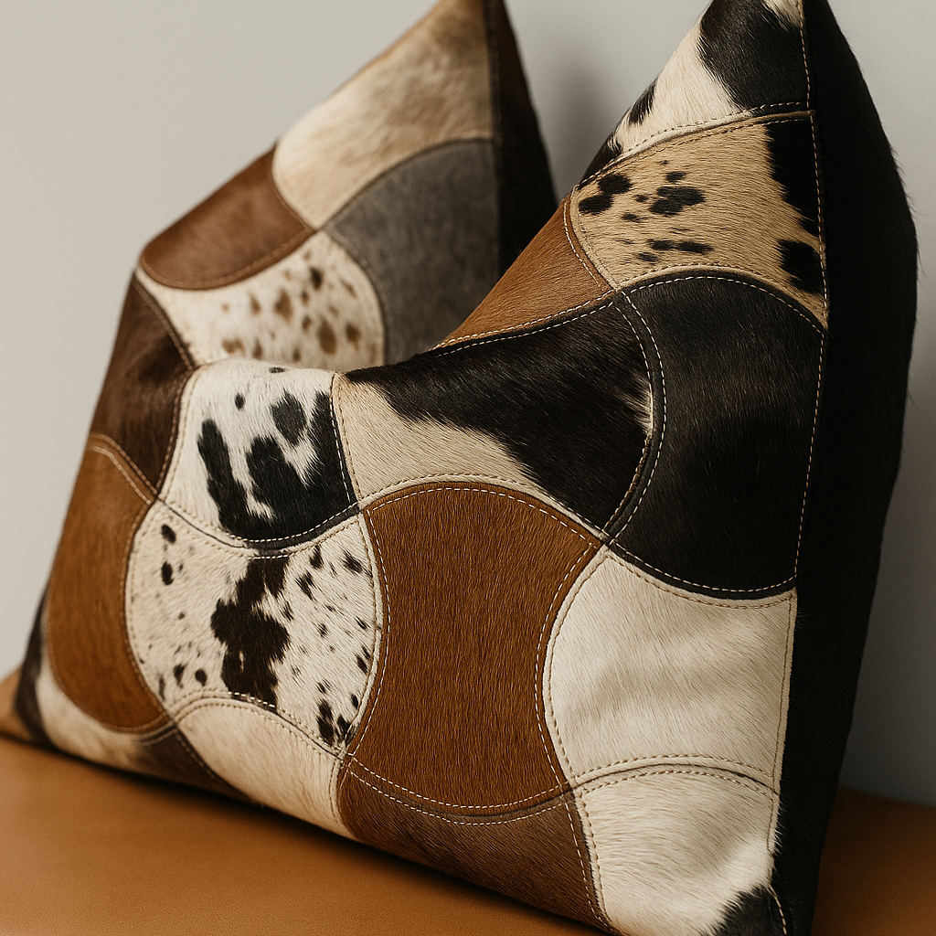 Handcrafted Leather Exotic Cowhide Cushion Cover – Boho Patchwork Design