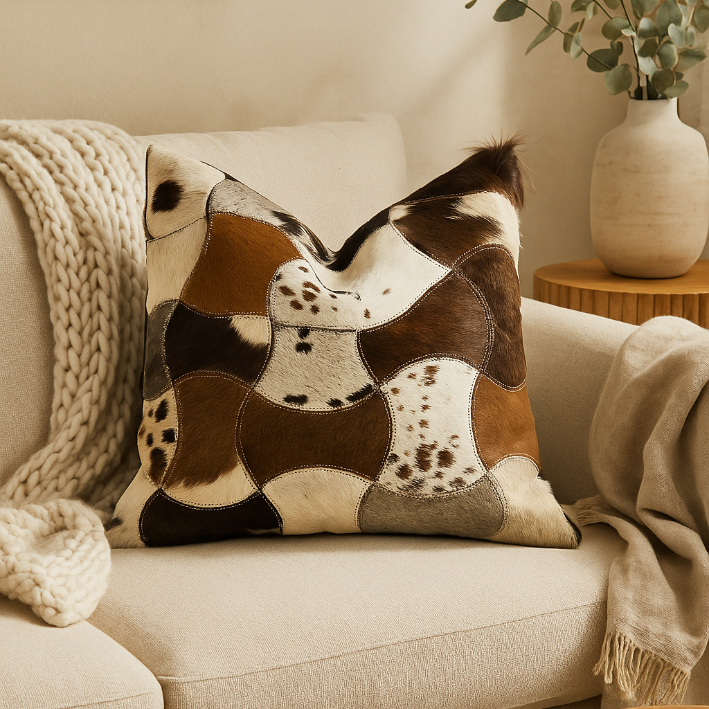 Handcrafted Leather Exotic Cowhide Cushion Cover – Boho Patchwork Design