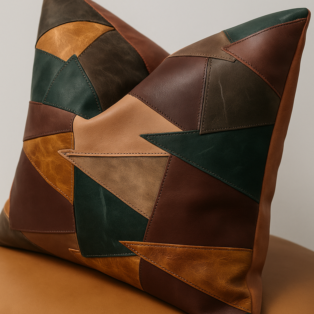 Rustic Boho Cushion Cover – Leather Patchwork in Warm Earth Tones