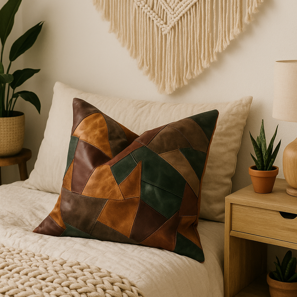 Rustic Boho Cushion Cover – Leather Patchwork in Warm Earth Tones