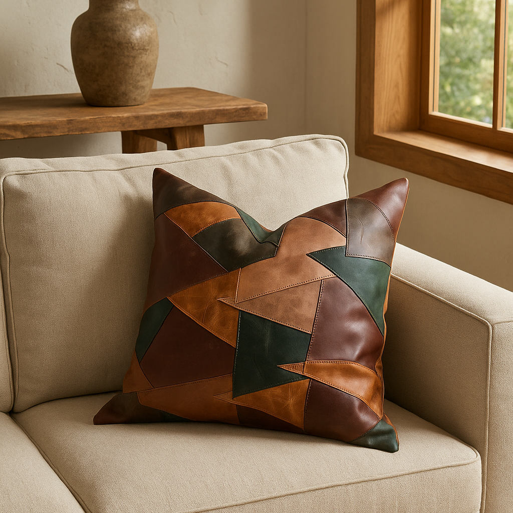 Rustic Boho Cushion Cover – Leather Patchwork in Warm Earth Tones