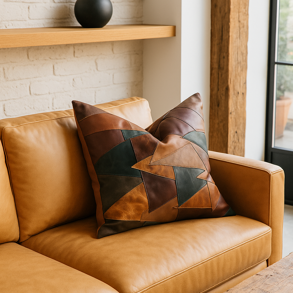 Rustic Boho Cushion Cover – Leather Patchwork in Warm Earth Tones