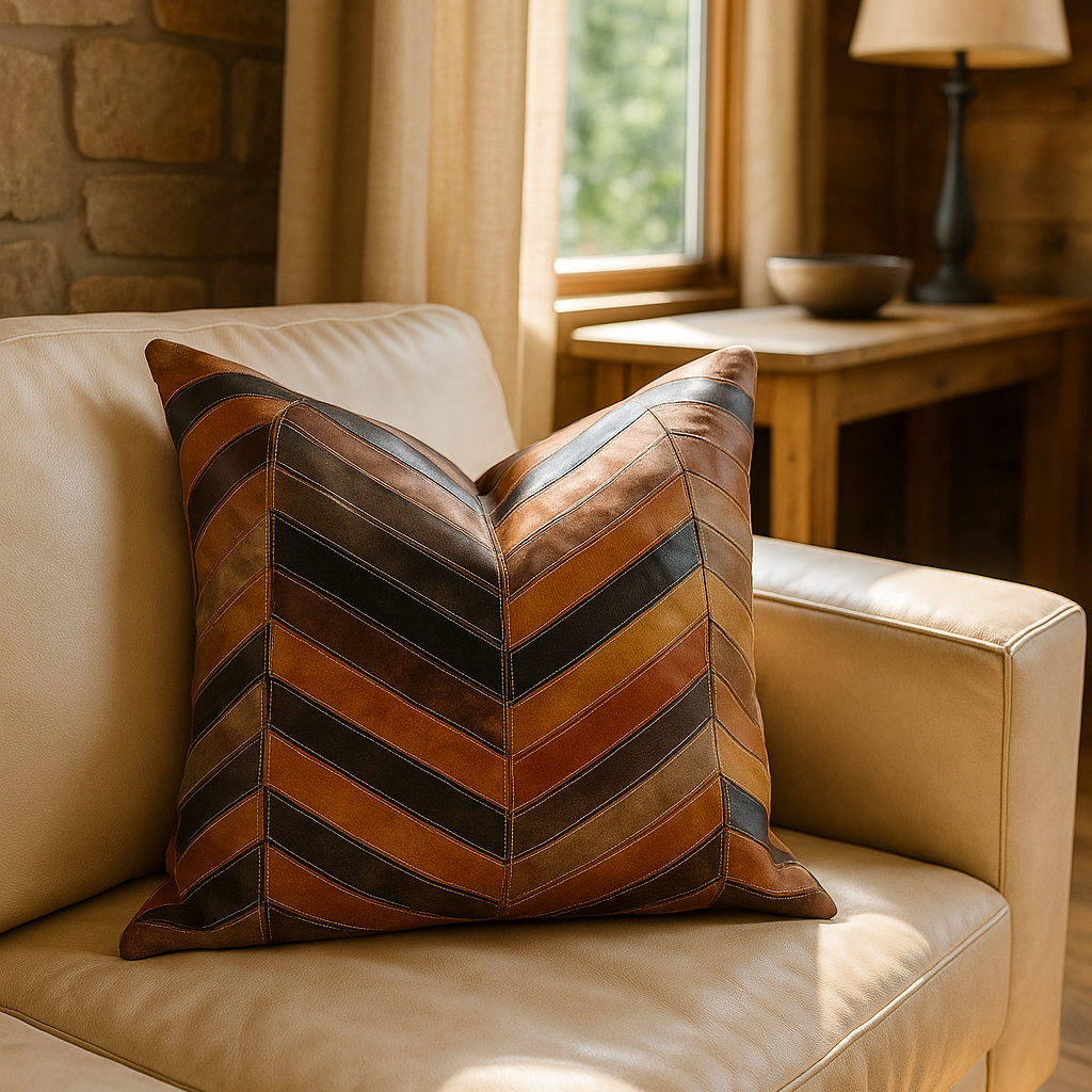 Chevron Patch Leather Cushion - 45x45cm