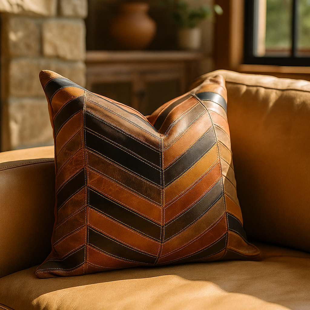 Chevron Patch Leather Cushion - 45x45cm