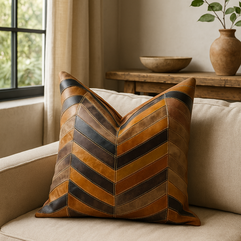 Chevron Patch Leather Cushion - 45x45cm