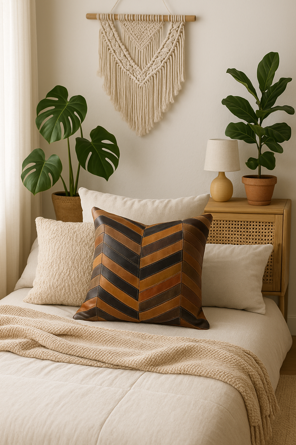 Chevron Patch Leather Cushion - 45x45cm