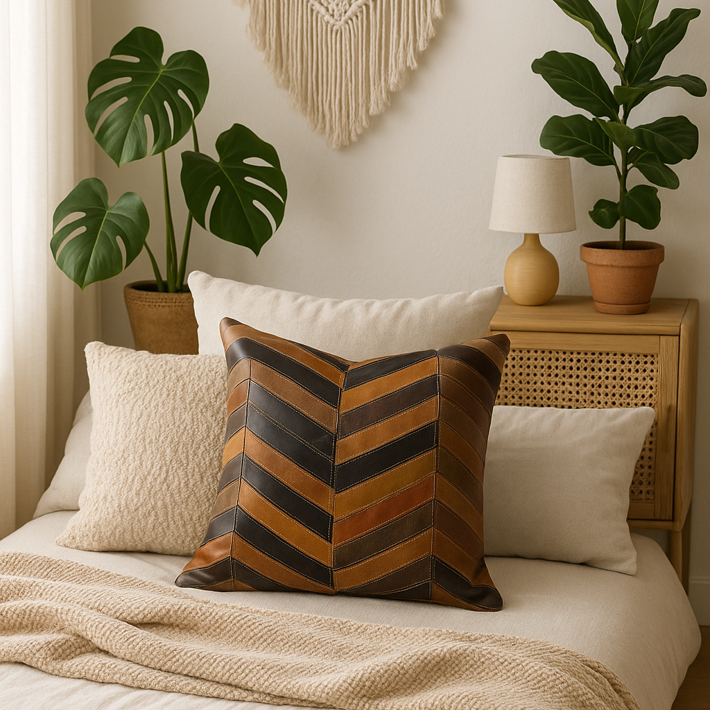 Chevron Patch Leather Cushion - 45x45cm