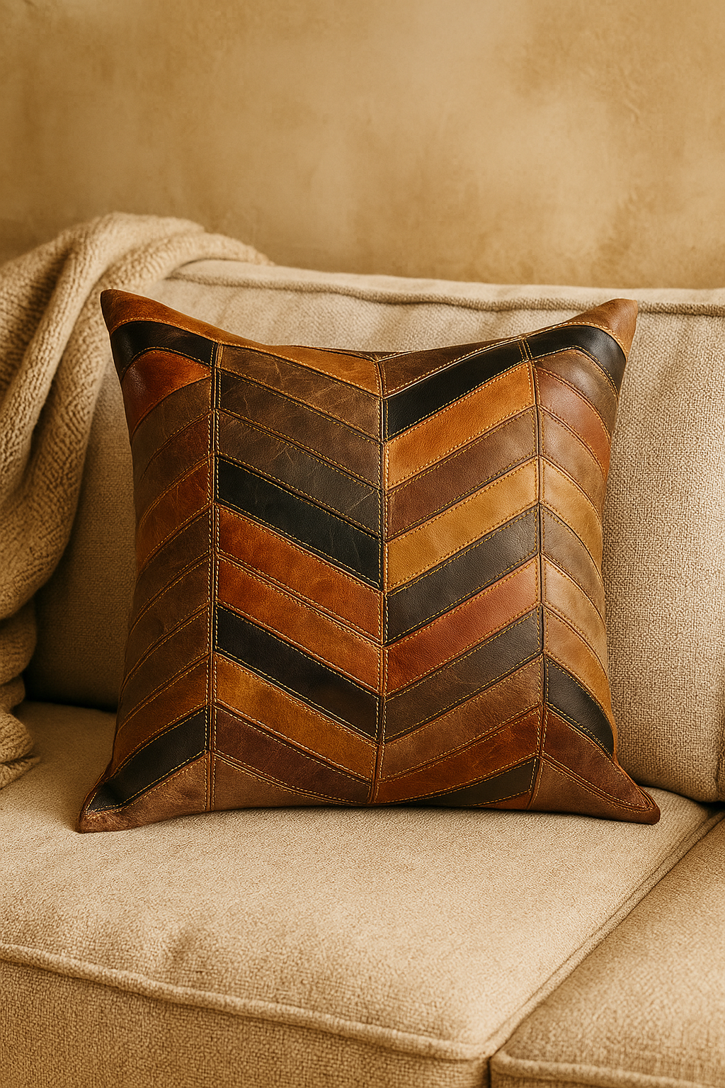 Chevron Patch Leather Cushion - 45x45cm