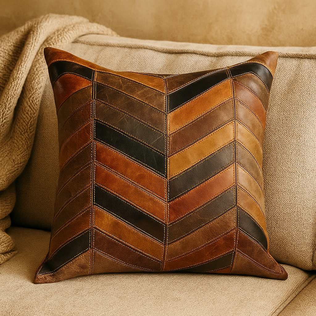 Chevron Patch Leather Cushion - 45x45cm