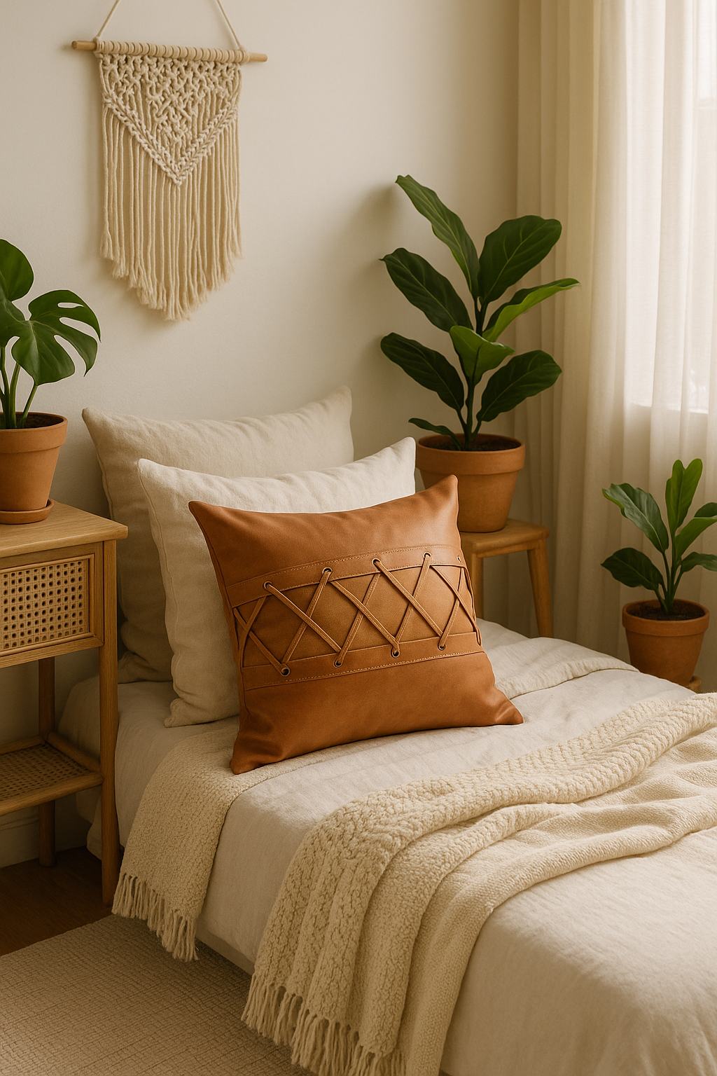 Tan Leather Cushion - Crisscross Lacing