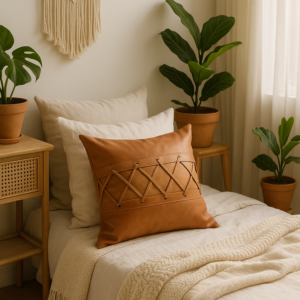Tan Leather Cushion - Crisscross Lacing