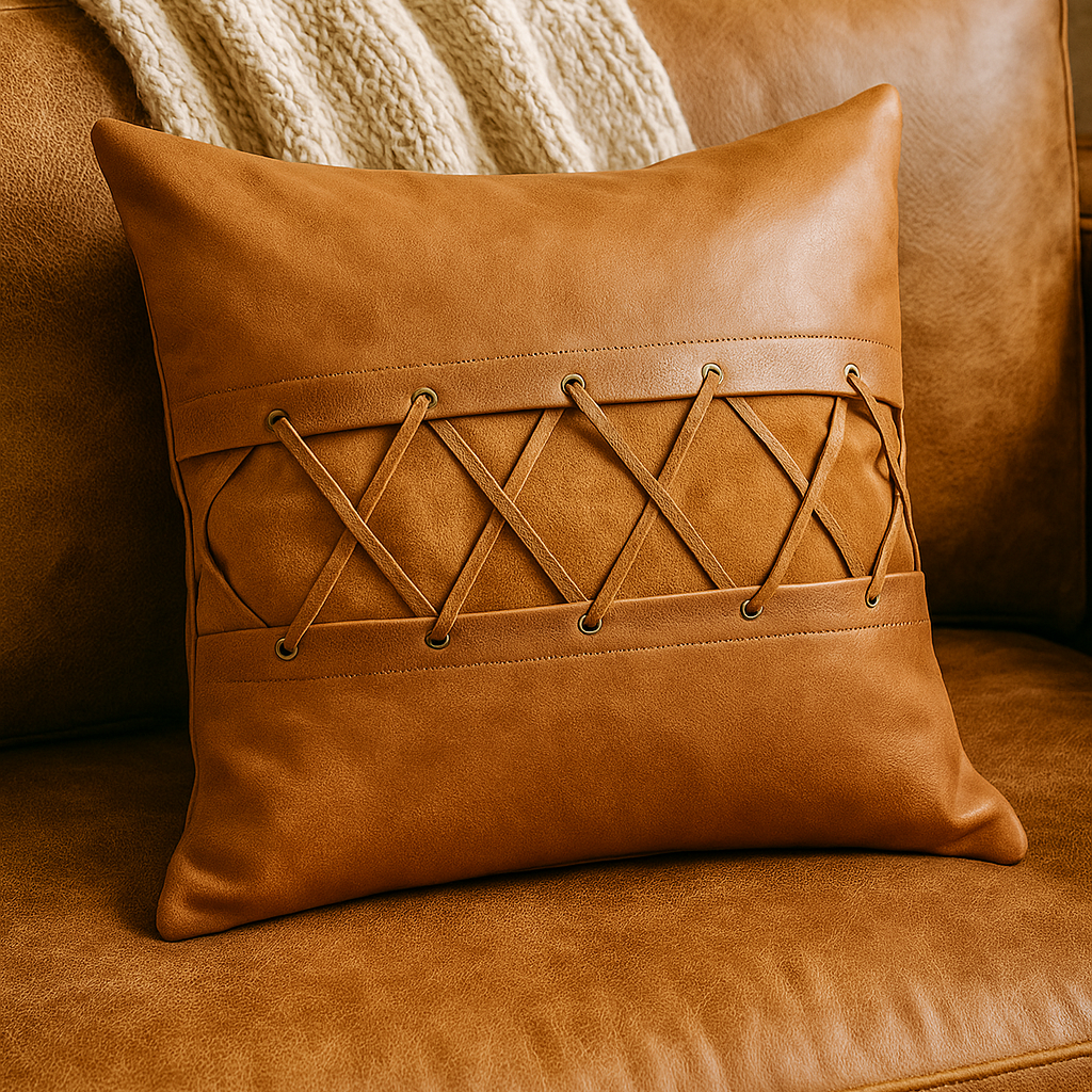 Tan Leather Cushion - Crisscross Lacing
