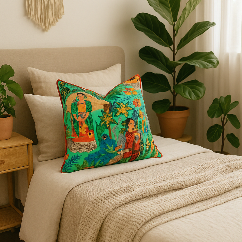 Green cotton cushion with vibrant Frida Kahlo-inspired jungle and figure print, orange piping, on a bed.