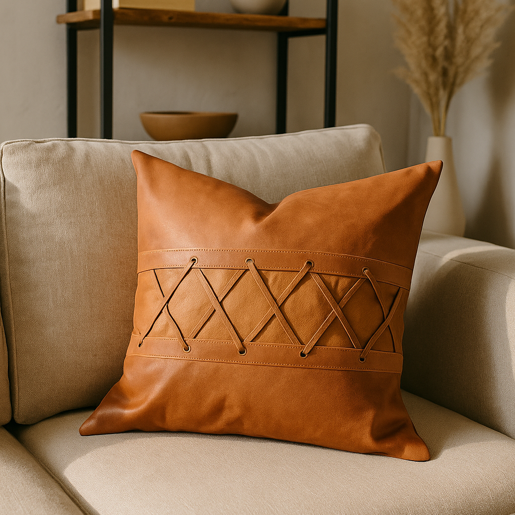 Tan Leather Cushion - Crisscross Lacing