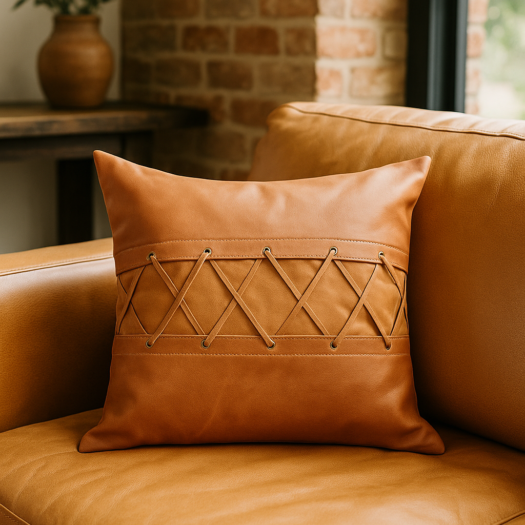 Tan Leather Cushion - Crisscross Lacing