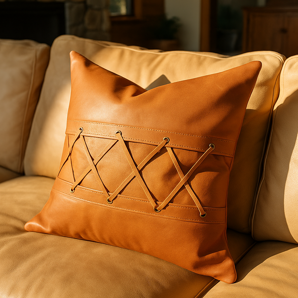 Tan Leather Cushion - Crisscross Lacing