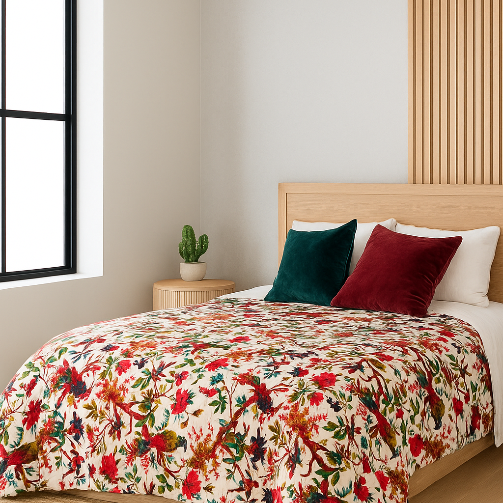 Tropical Birds Velvet Quilt - Handcrafted Artisan Block Print Bedding