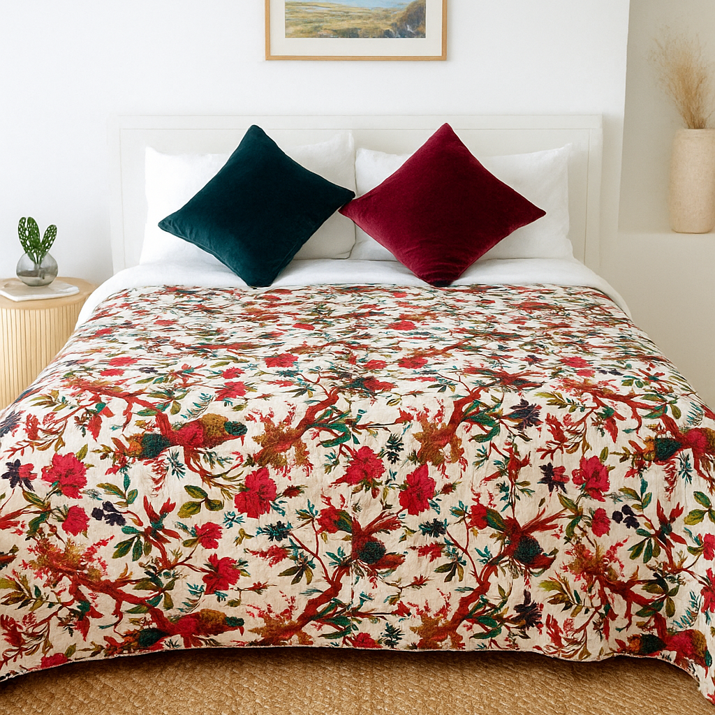 Tropical Birds Velvet Quilt - Handcrafted Artisan Block Print Bedding