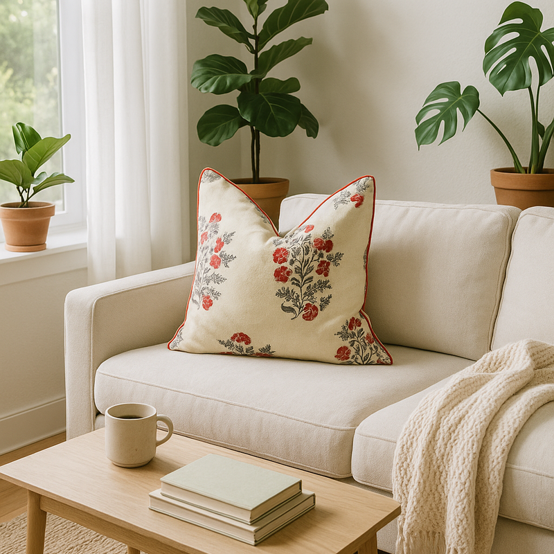 Handmade 50x50cm cotton cushion cover with red floral country pattern, red piping, on a cream sofa.