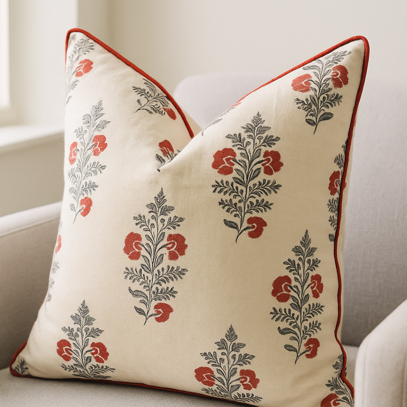 Handmade 50x50cm cotton cushion cover with red floral country pattern and red piping.