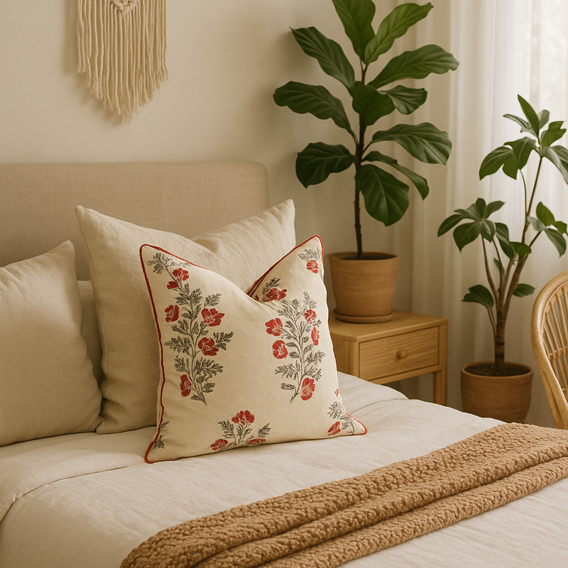 Handmade 50x50cm cotton cushion cover with red floral country pattern and piping on a neutral bed.