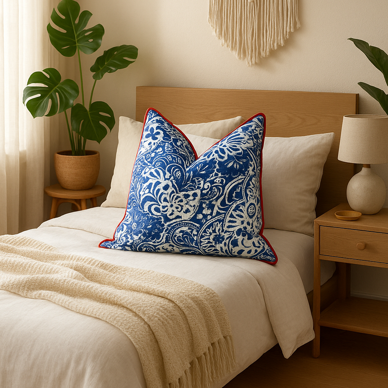 Handmade blue and white floral cotton cushion with red piping on a neutral bed.