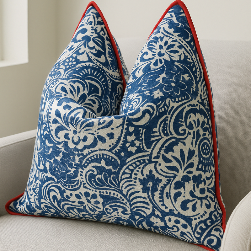 Handmade blue and white floral cotton cushion with red piping, resting on a light-colored armchair.