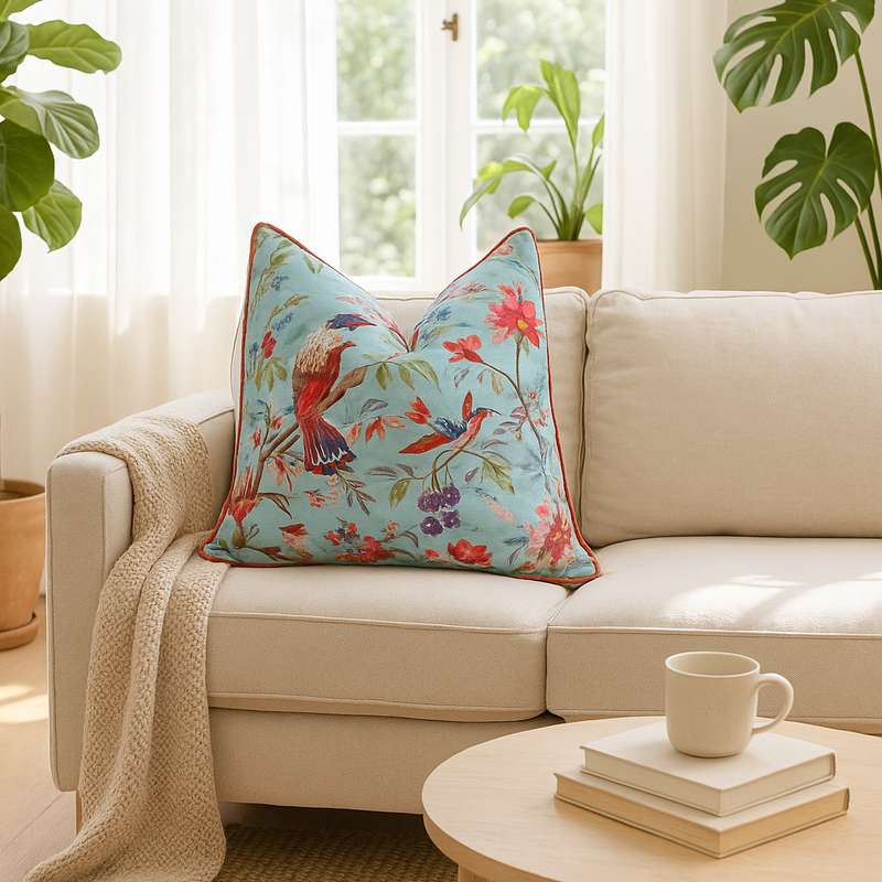 Handmade 50x50cm light blue cotton cushion cover with red bird and floral pattern, red piping, on a beige sofa.