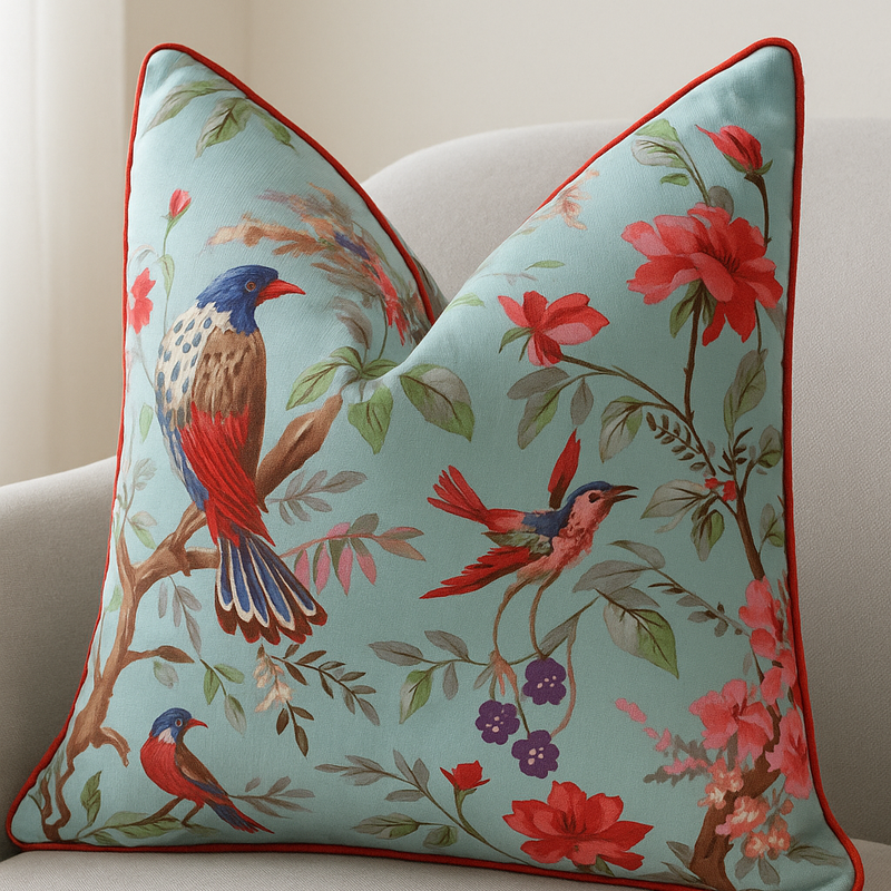 Light blue cotton cushion cover with colorful birds, red flowers, and red piping.