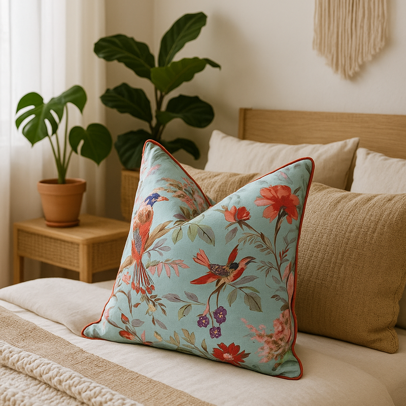 Light blue cotton cushion cover with red piping, featuring a vibrant floral and bird pattern, on a bed.