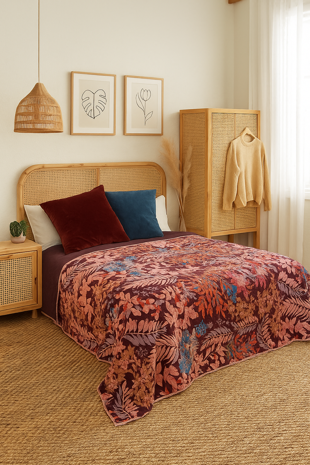 Embroidered Velvet Quilt - Autumn Garden in Rust & Wine