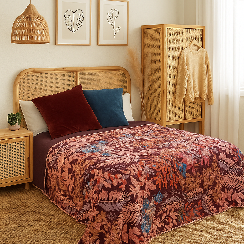 Embroidered Velvet Quilt - Autumn Garden in Rust & Wine
