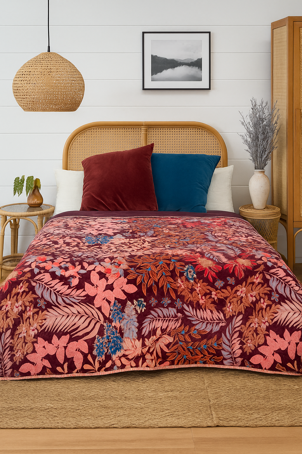 Embroidered Velvet Quilt - Autumn Garden in Rust & Wine